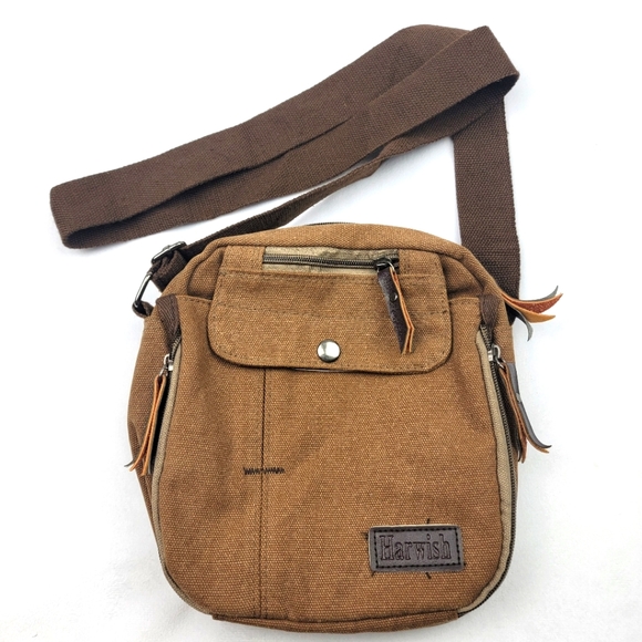Harwish Other - Harwish canvas brown crossbody bag with pockets key clasp and leather zipper pul